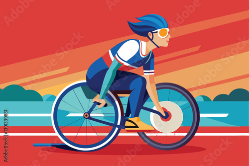 A cyclist with adaptive gear pedals swiftly on a semi-flat track at sunset, showcasing determination and skill, Paralympic cycling Customizable Semi Flat Illustration