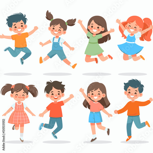 Diverse group of happy children jumping and celebrating, perfect for educational materials, children's books, and promoting positive childhood development.