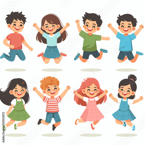 Group of Happy Children Jumping with Joyful Expressions, Ideal for Educational Materials, Children's Books, and Promoting Childhood Happiness