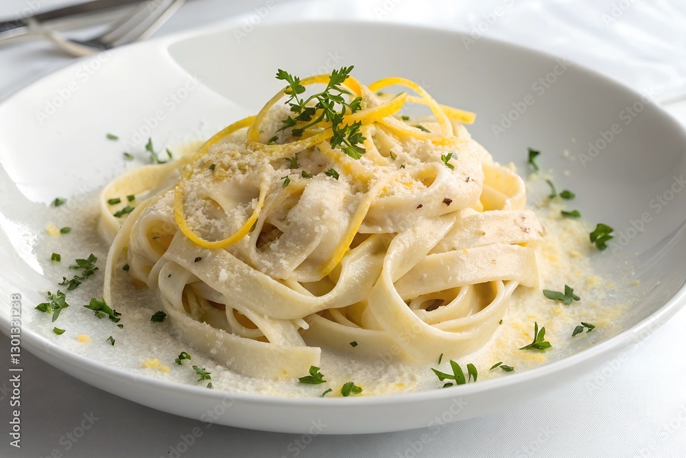 Creamy fettuccine alfredo with parmesan and lemon zest. Delicious fettuccine alfredo served in a creamy parmesan sauce, garnished with fresh parsley and lemon zest for a refreshing touch Creamy fettuccine alfredo with parmesan and lemon zest. Delicious fettuccine alfredo served in a creamy parmesan sauce, garnished with fresh parsley and lemon zest for a refreshing touch