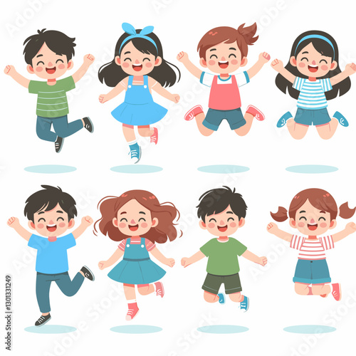 Eight cheerful cartoon children jumping with joy, perfect for children's books, educational materials, and promoting happiness and active lifestyles