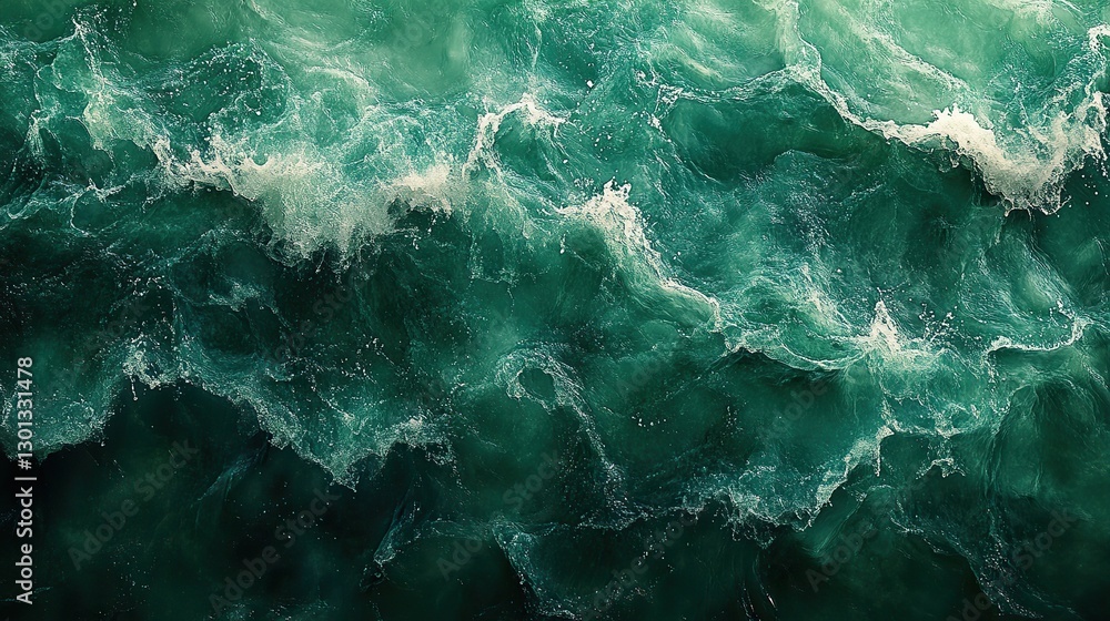 Fototapeta premium Closeup of rough water surface with splashes in deep green emerald color, trendy abstract background.