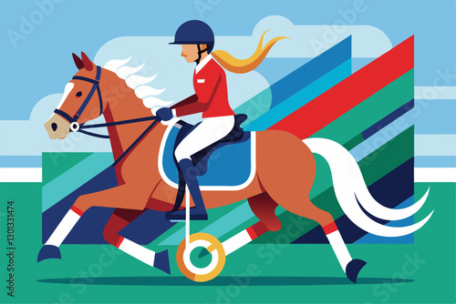 A skilled rider in competition attire guides a customized horse through an energetic equestrian event, Paralympic equestrian Customizable Disproportionate Illustration