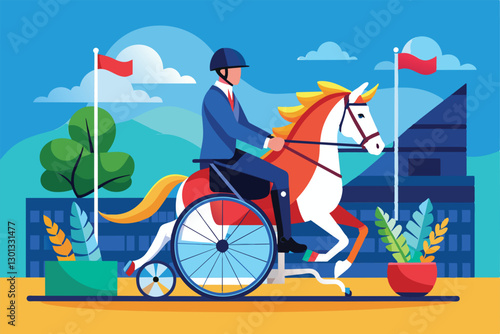 An accomplished paralympic equestrian rider navigates a colorful arena with a customized flat and horse, Paralympic equestrian Customizable Flat Illustration