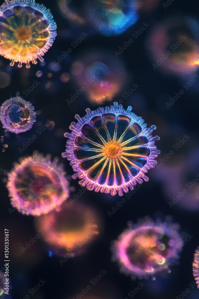 Fototapeta premium A microscopic view of coconut oil droplets, glowing with vibrant and ethereal tones