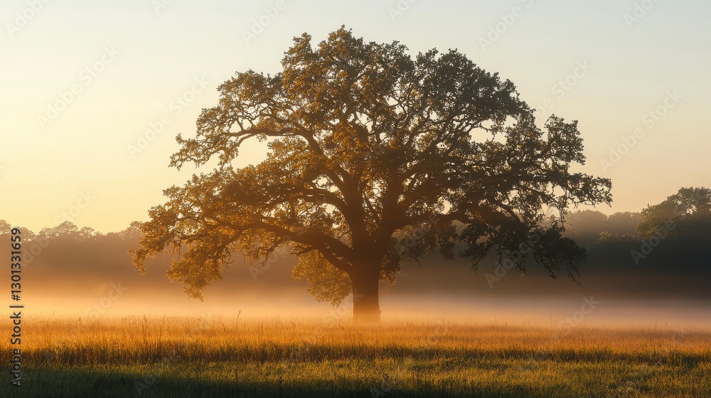 Fototapeta premium A giant oak tree standing in the misty morning casting shadows over the dewey pasture