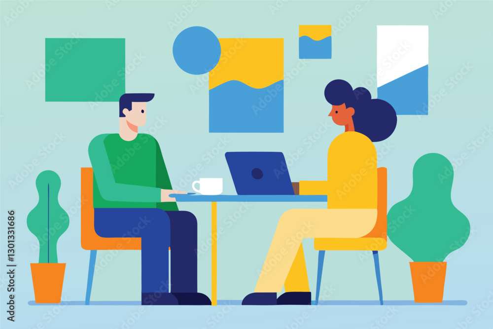 colorful illustration, office meeting, two people, laptop, speech bubbles, geometric shapes, flat design, vibrant colors, minimalist style, vector graphics, business discussion, collaboration, colorful illustration, office meeting, two people, laptop, speech bubbles, geometric shapes, flat design, vibrant colors, minimalist style, vector graphics, business discussion, collaboration,