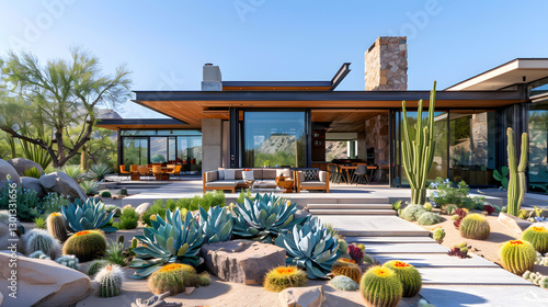 Contemporary desert home with neutral-toned exteriors, shaded verandas, and drought-resistant landscaping featuring succulents and cacti