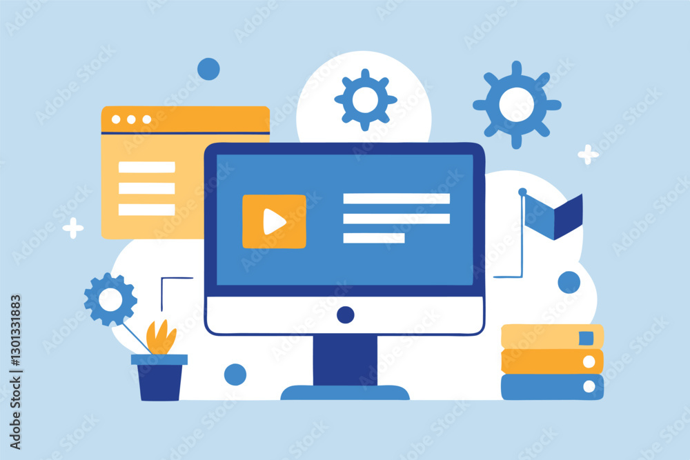 Computer monitor, web design interface, video player, gears, folder icons, plant pot, bookmark, blue and yellow color scheme, flat illustration style, digital workspace concept, content management Computer monitor, web design interface, video player, gears, folder icons, plant pot, bookmark, blue and yellow color scheme, flat illustration style, digital workspace concept, content management