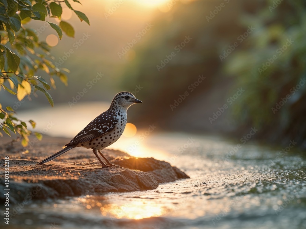 A spotted bird by a stream at sunset golden light beautiful nature. A spotted bird by a stream at sunset golden light beautiful nature.