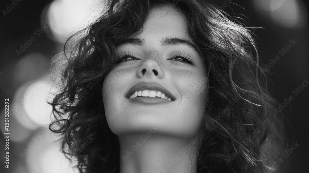 A joyful young woman with curly hair stands outdoors, embracing the sunshine. Her cheerful expression radiates positivity amidst a vibrant, green backdrop, creating a lively atmosphere A joyful young woman with curly hair stands outdoors, embracing the sunshine. Her cheerful expression radiates positivity amidst a vibrant, green backdrop, creating a lively atmosphere