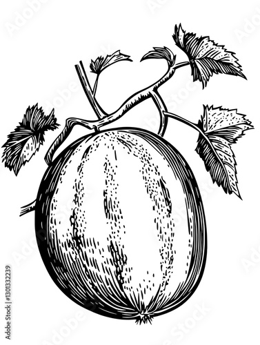 Vector engraved illustration of a watermelon plant with detailed leaves and fruit for product design