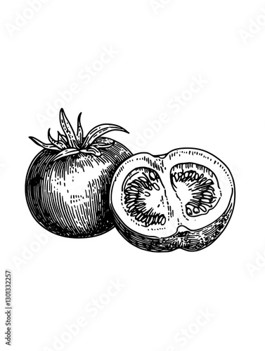 Vintage vector engraved illustration of a ripe tomato and its cross-section for product design projects