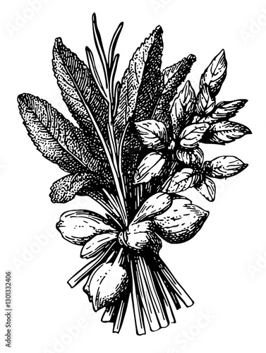 Vector engraved illustration of a herb bundle for product design and artisanal branding