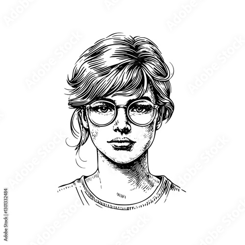 Engraved vector illustration of a young woman with glasses showcasing detailed facial features