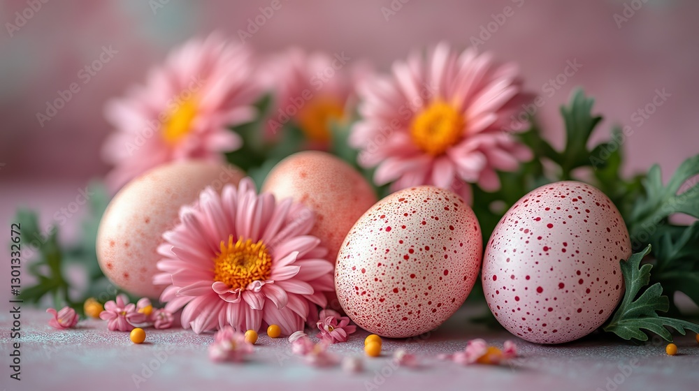 Colorful eggs and fresh chrysanthemums on a soft pink background with space for personalized greetings or advertisements. Colorful eggs and fresh chrysanthemums on a soft pink background with space for personalized greetings or advertisements.