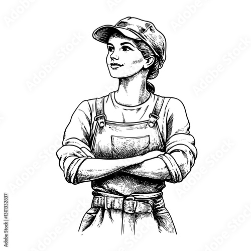 Vector engraved illustration of a young woman in overalls with arms crossed, representing strength and determination in product design