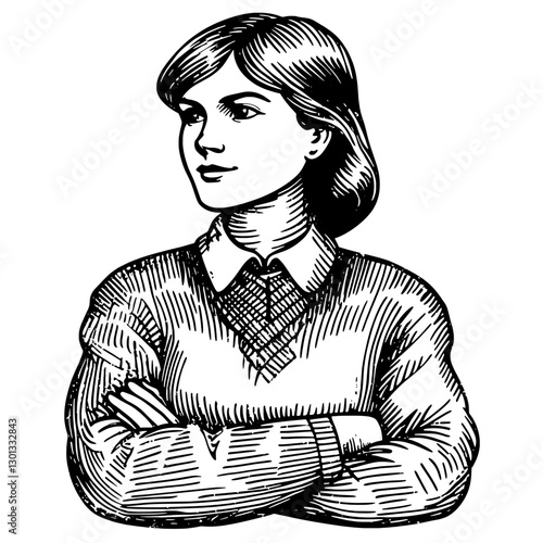 Vector engraved illustration depicting a confident young woman with arms crossed in a timeless style for product designs