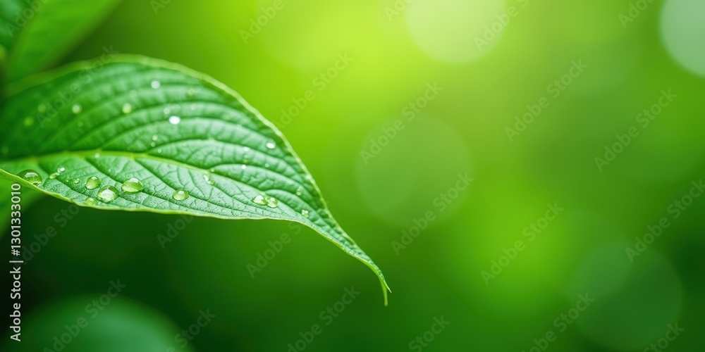 Fototapeta premium Close-Up of Green Leaf with Water Droplets and Soft Background