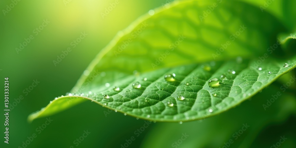 Fototapeta premium Close-Up of Green Leaf with Water Drops Highlighting Veins