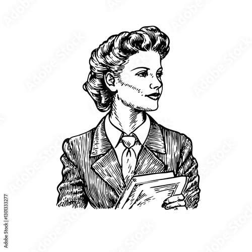 Engraved vector illustration of a woman in a formal outfit holding documents in a confident posture