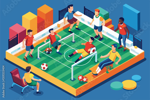 Players compete fiercely in a customizable arena during a thrilling paralympic football match, Paralympic football 5-a-side Customizable Isometric Illustration