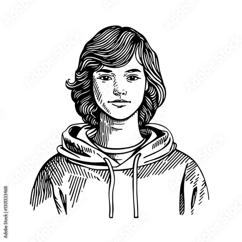 Vector engraved illustration showcasing a young individual wearing a hoodie in a casual setting