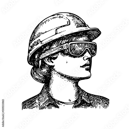 Detailed vector engraved illustration of a worker wearing a hard hat and safety glasses for product design purposes