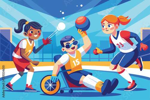 Three athletes participate in a lively goalball match, showcasing their skills and teamwork, Paralympic goalball Customizable Cartoon Illustration