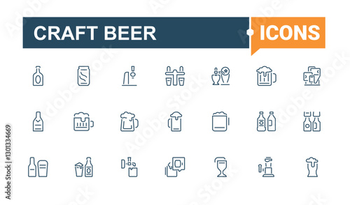 Craft Beer icons set in linear style. Icons barrel, oktoberfest, bar, drink, brew, pint and more. Line symbol. Editable stroke. Vector illustration.