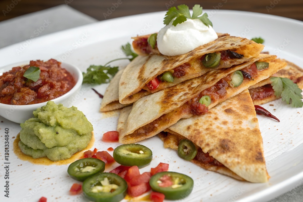 Cheesy Quesadillas with Jalapeños and Sour Cream. Close-up of crispy quesadillas filled with melted cheese, chorizo, and jalapeños, served with guacamole, salsa, and sour cream Cheesy Quesadillas with Jalapeños and Sour Cream. Close-up of crispy quesadillas filled with melted cheese, chorizo, and jalapeños, served with guacamole, salsa, and sour cream