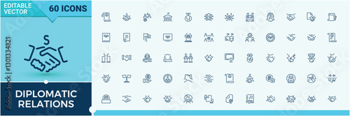 Diplomatic Relations linear icon collection. Contains such icons as icon, government, justice, advocacy, consulate, peaceful and more. Icon design. Vector icons editable stroke.