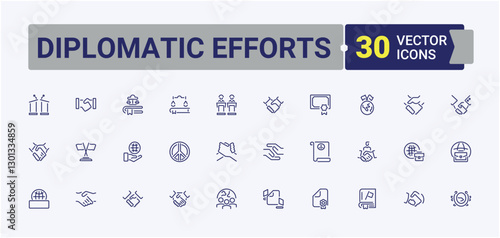 Set of Diplomatic Efforts line icons. Included icons as neutrality, conflict, consulate, international, politics and more. Outline icon collection. Minimalist editable vector stroke.