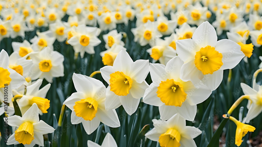 Field of beautiful blooming yellow and white daffodil flowers under clear sky. Field of beautiful blooming yellow and white daffodil flowers under clear sky.
