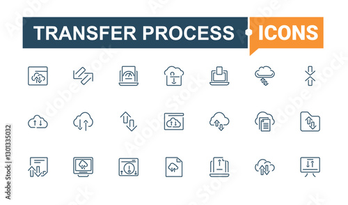 Transfer Process vector line icon set. Contains linear outline icons like draw, internet, document, up, downloading, element and more. Outline icon. Minimalist editable vector stroke.