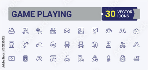 Game Playing icon set. Contain linear outline icons package, care, sheet, age, accessory, spa, beauty, gel. Simple line vector. Editable stroke icon collections.