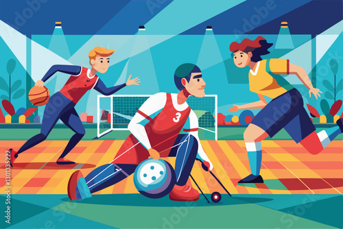 Two athletes compete in a lively paralympic goalball match while a goalkeeper prepares to defend, Paralympic goalball Customizable Flat Illustration