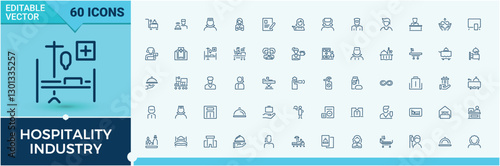 Hospitality Industry linear icon collection. Included icons as hostel, shower, host, taxi, man, pharma and more. Pixel perfect. Modern vector UI icons.