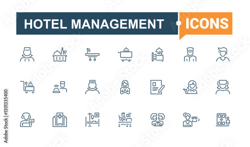 Hotel Management icons. Includes icons for business, building, hospitality, accommodation, apartment, food, sport, hostel. Collection for mobile and web apps. Editable stroke. Vector illustration.