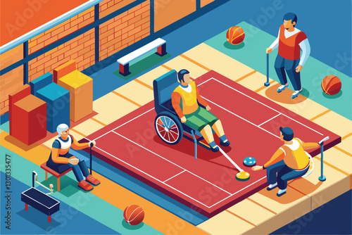 A group of athletes engaged in a paralympic goalball match in an indoor sports area, Paralympic goalball Customizable Isometric Illustration
