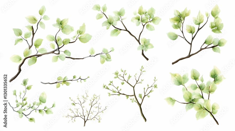 Set of spring tree branches with green leaves sprouts Set of spring tree branches with green leaves sprouts