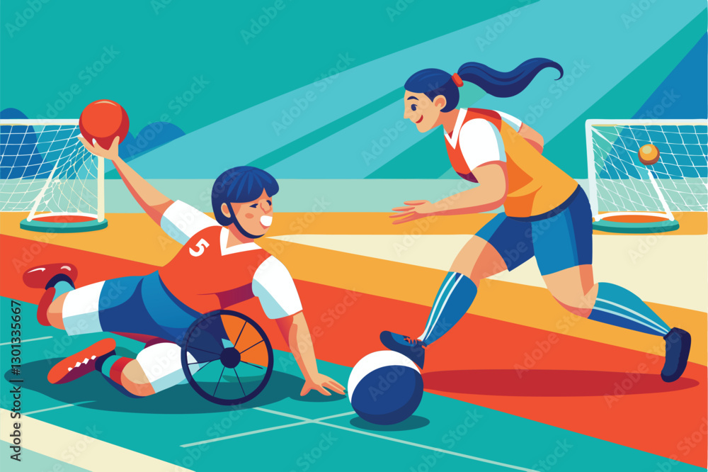 Fototapeta premium A male athlete in a wheelchair throws a goalball while a teammate runs to assist during a goalball game, Paralympic goalball Customizable Semi Flat Illustration