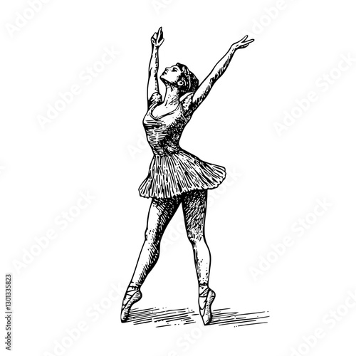 Vector engraved illustration of a graceful ballerina performing an elegant dance in a classic ballet pose for product design purposes