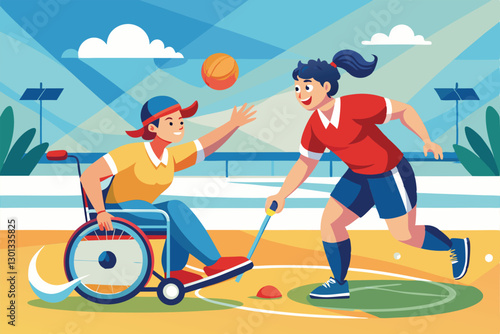Two athletes engage in a thrilling goalball competition on a sunny day, demonstrating teamwork and skill, Paralympic goalball Customizable Semi Flat Illustration