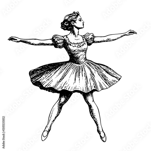 Vector engraved illustration of a graceful ballet dancer in a classic pose for product design purposes