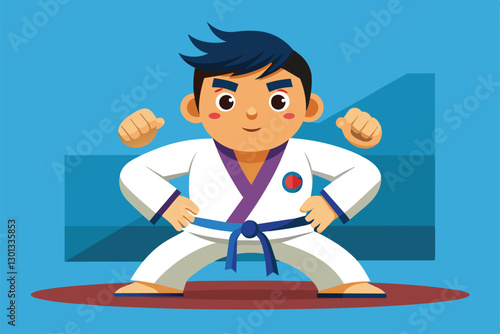 A young cartoon character in a judo uniform shows determination in a paralympic setting, Paralympic judo Customizable Cartoon Illustration