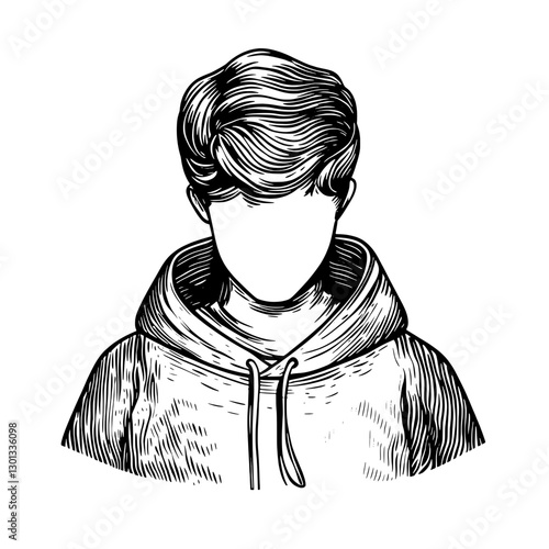 Vector engraved illustration of a young person wearing a hoodie for product design