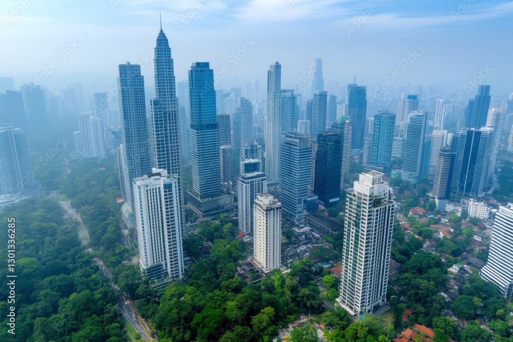 Fototapeta premium A thick layer of smog covering a bustling city skyline, with skyscrapers barely visible