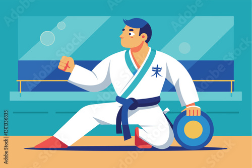 A judo athlete in a customizable uniform practices a stance in a training area with mats, Paralympic judo Customizable Semi Flat Illustration