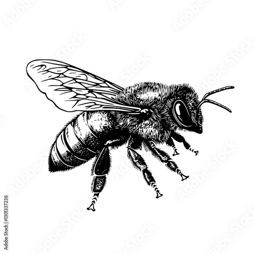 Engraved illustration of a bee showcasing detailed anatomy for product design purposes